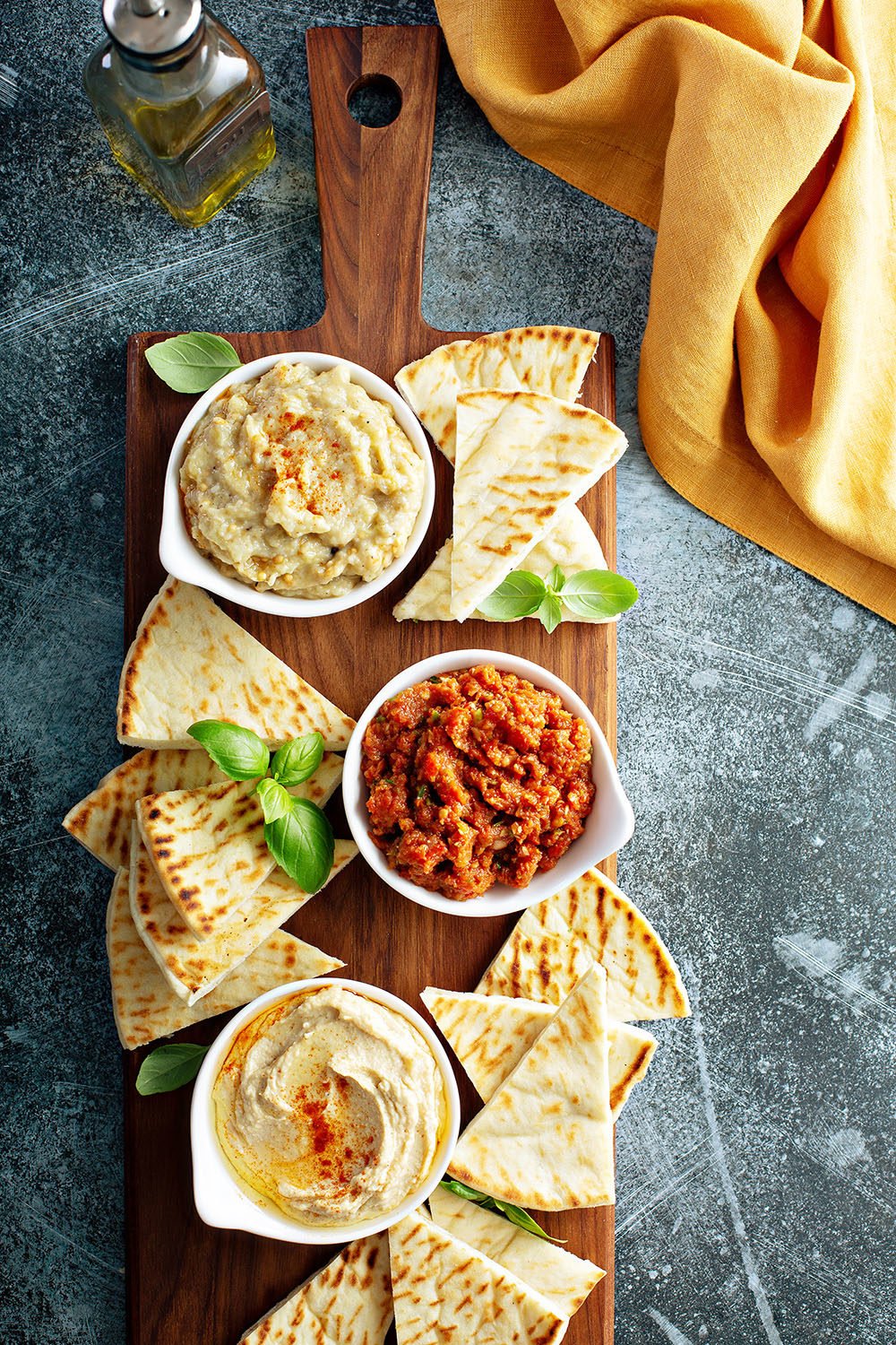Mediterranean mezze board with pita and dips